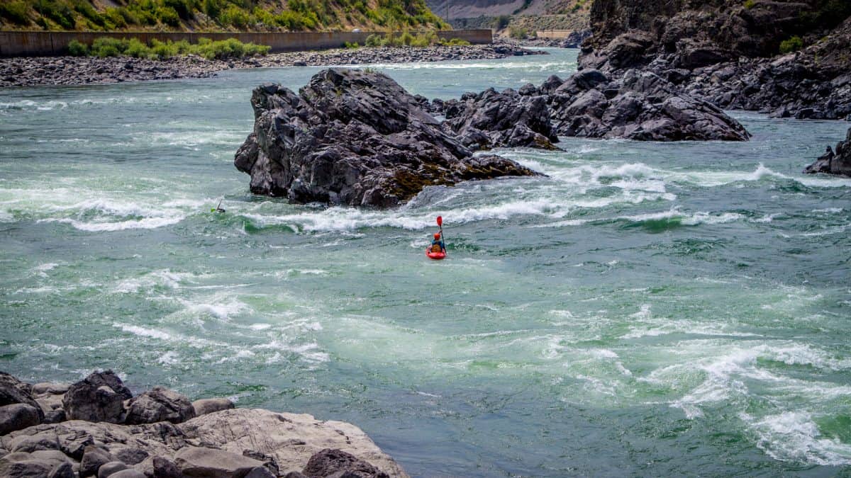 Kayakers navigating through the White Water Rapids