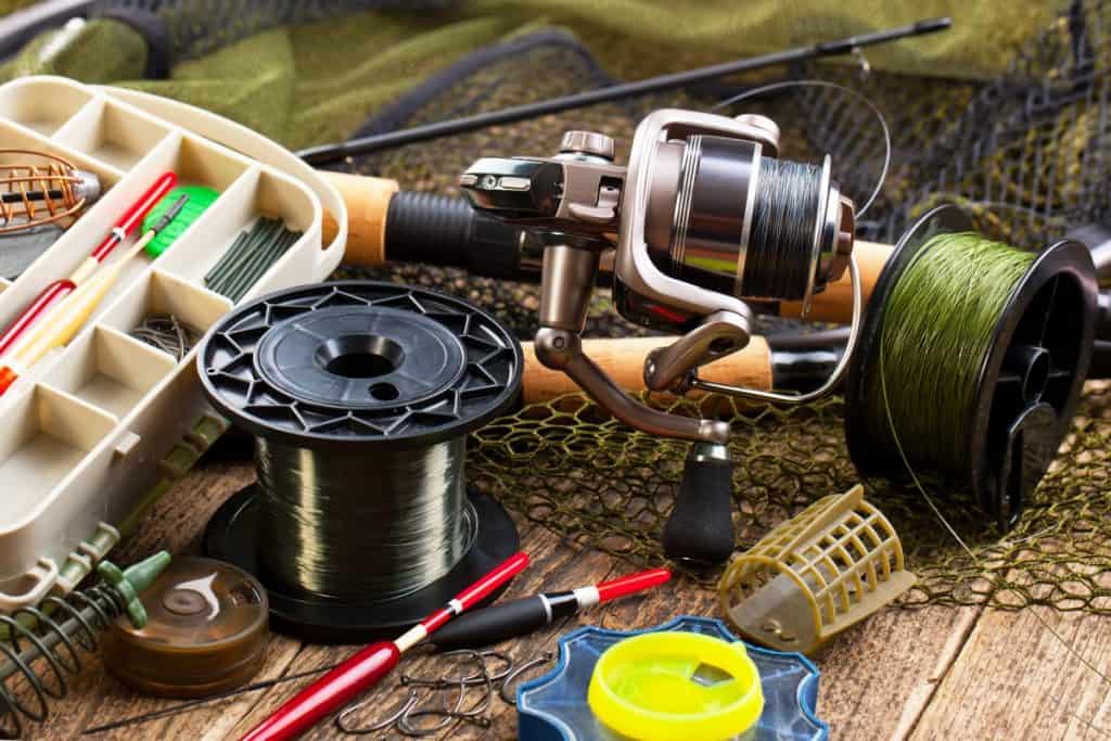 Fishing tackle on a wooden table