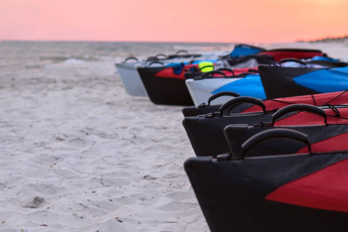 Different color inflatable yaks on the beach at sunset