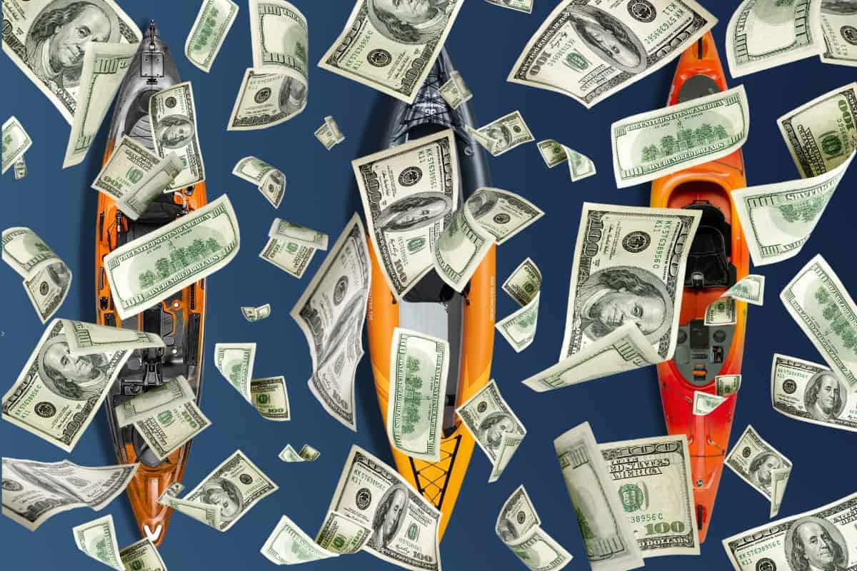 Dollars floating over kayaks to illustrate price and cost