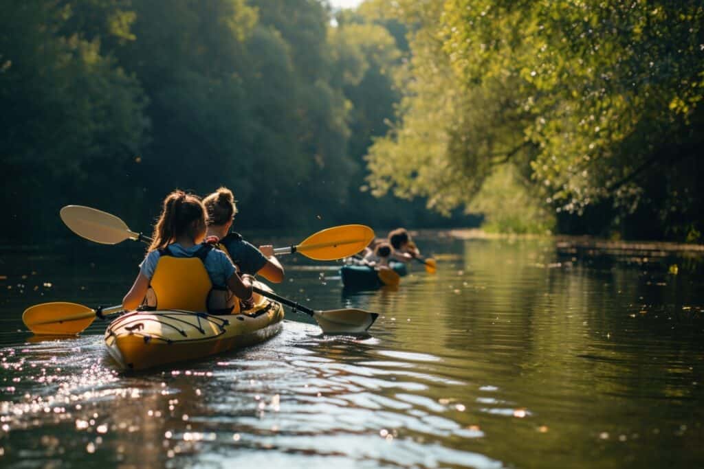 Family in tandem kayaks paddle on the river during summer