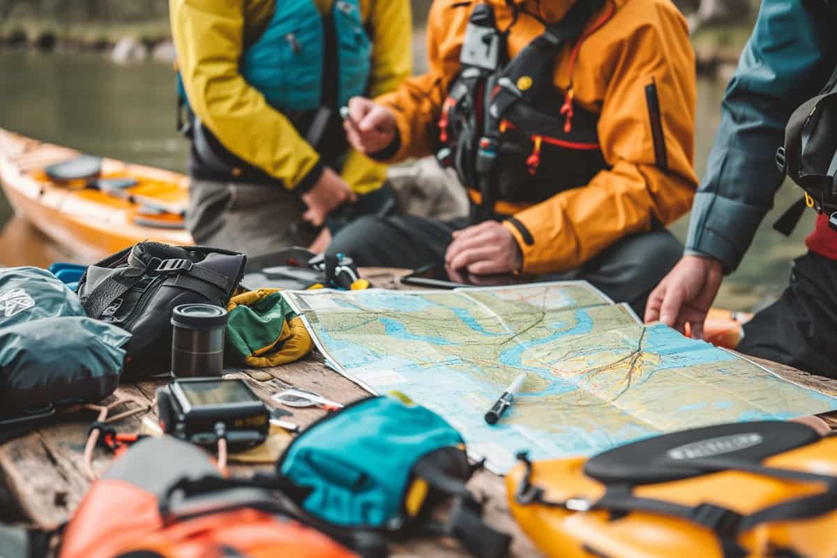 Group of kayakers gathered around a map ploting the route for their kayaking adventure