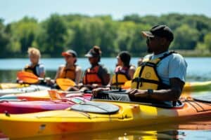 Group of kayaker sitting on the water listen to thier teacher