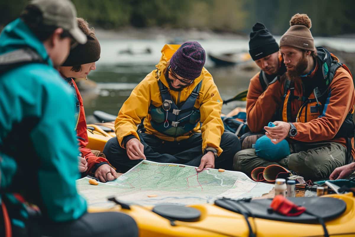 Group of kayaker planning an overnight camping trip