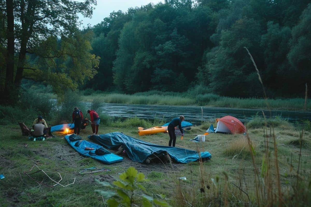 Group of kayakers setting up camp for the night on the banks of a river