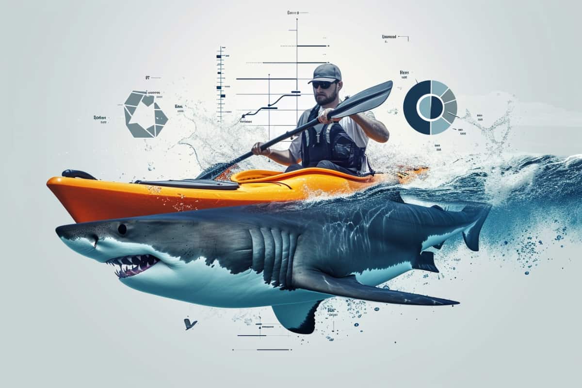 Illustration of shark swimming next to a kayak