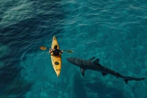 Image of a kayak shark encounter on a sunny day at sea