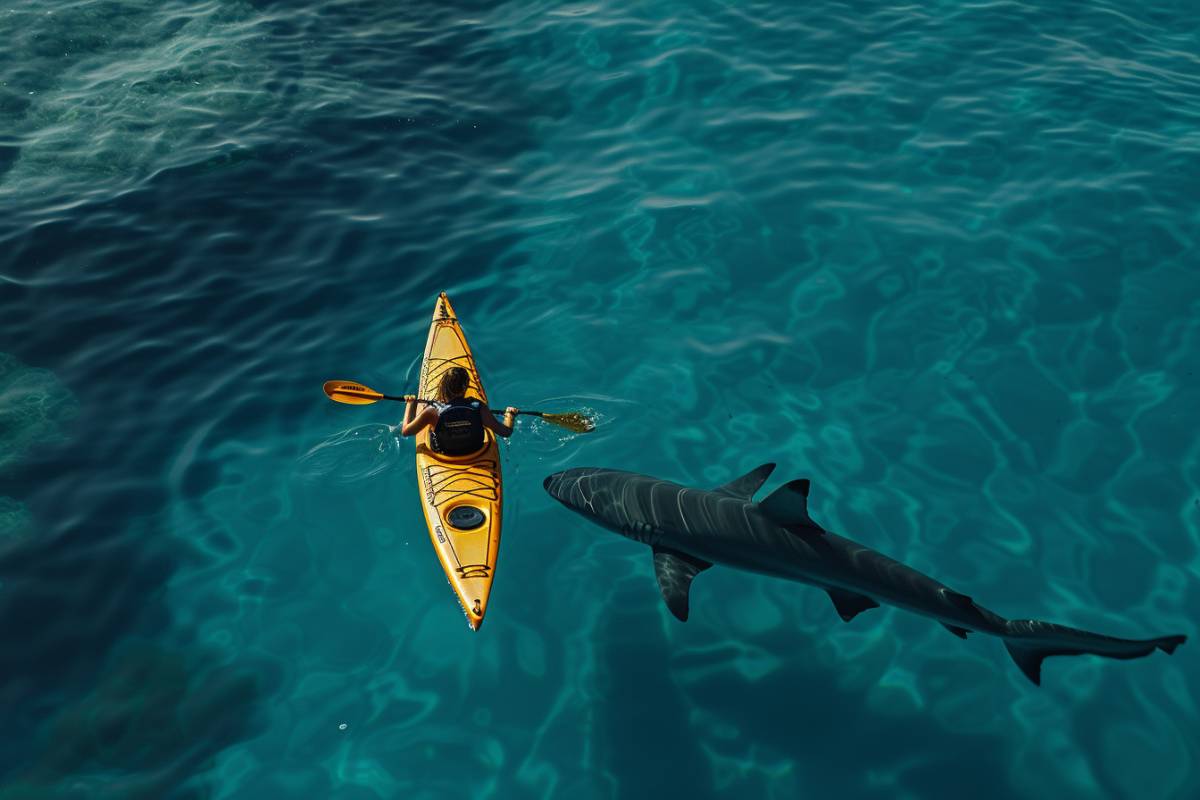 Image of a kayak shark encounter on a sunny day at sea