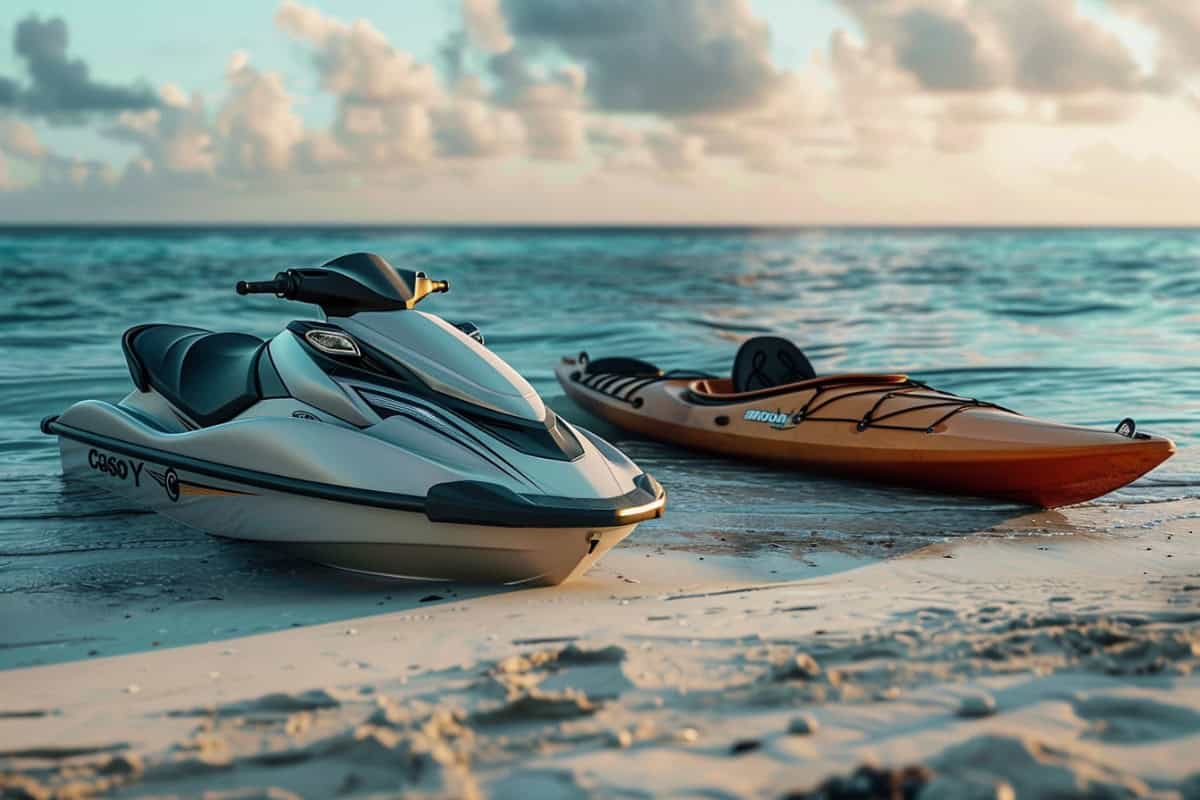 Kayak and personal watercraft side by side on beach