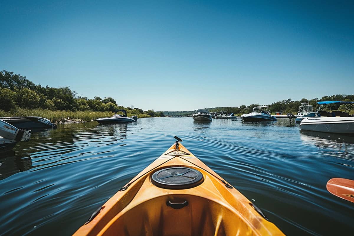 Kayak and recreational boat on a lake during spring