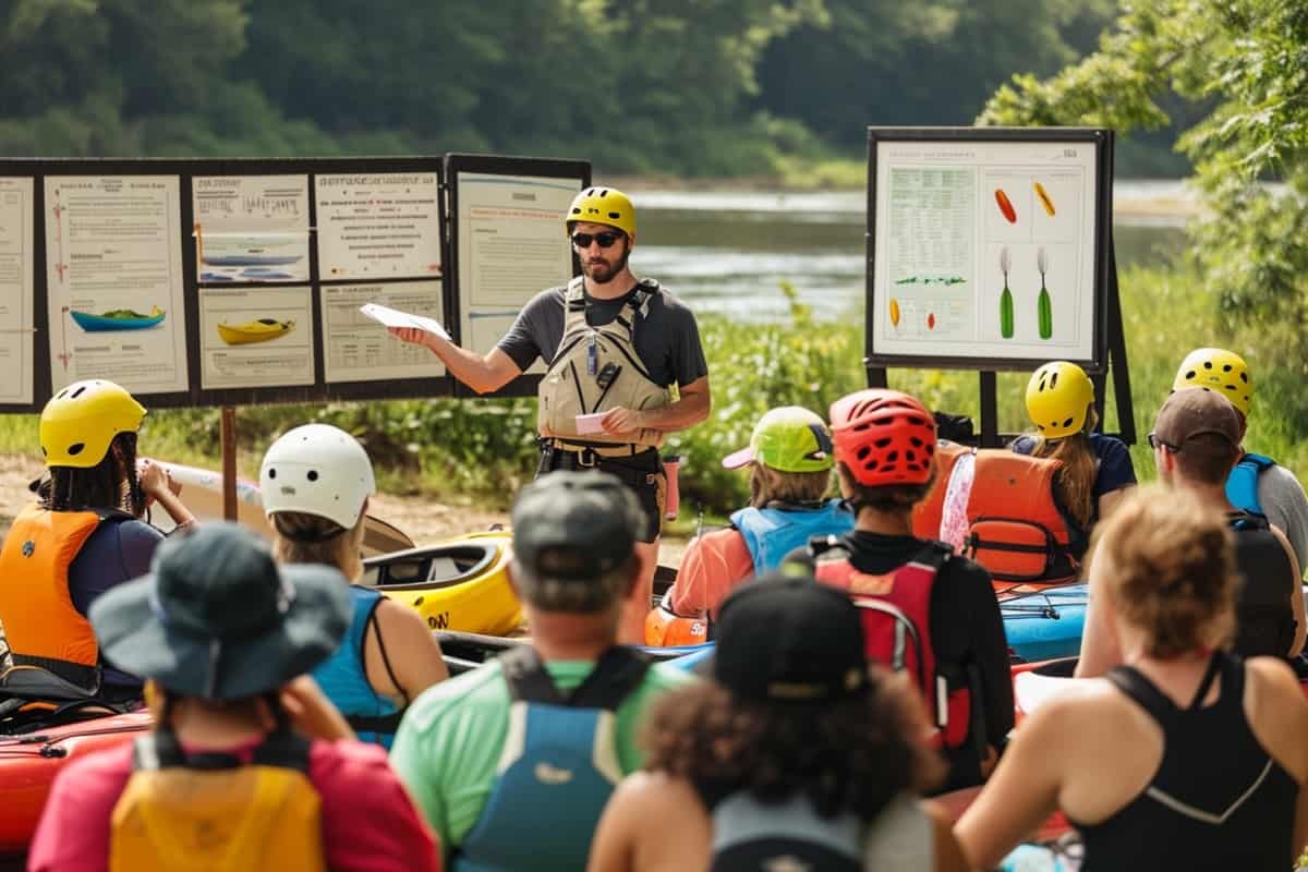 Kayak Instructor briefing his class on the rules and regulations of kayaking