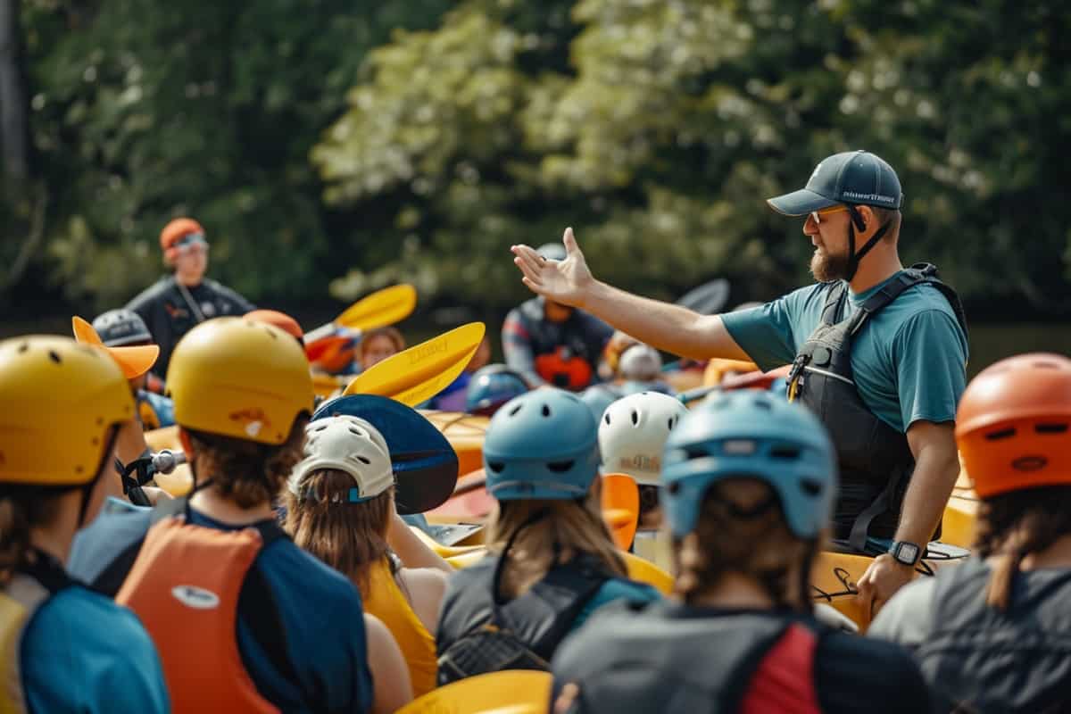 Instructor teaching his student the fundamentals of kayak safety