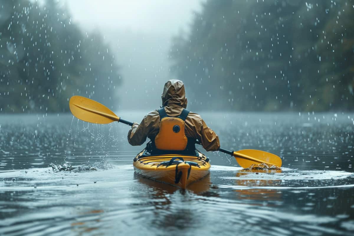 Kayaker in wet weather gear paddling in heavy rain