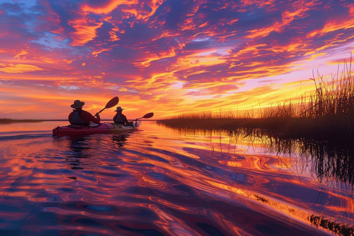 kayakers at sunset