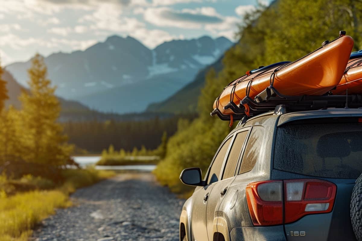 Kayaks securely strapped to the roof rack of a rugged SUV, parked on a gravel road