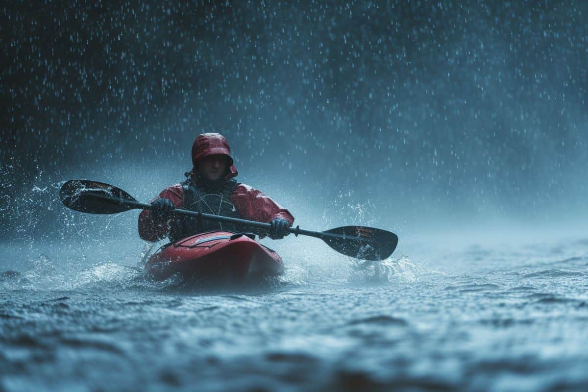Man in a kayak caught in a rain storm