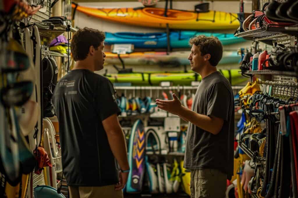 Man in outdoor store discussing kayak options with the clerk