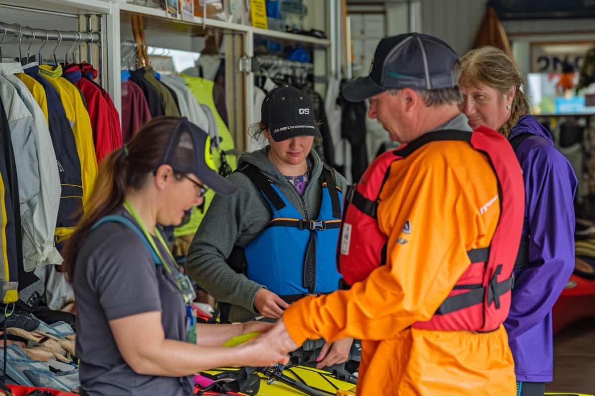 Man trying on bright paddle jacket in store buying kayaking equipment