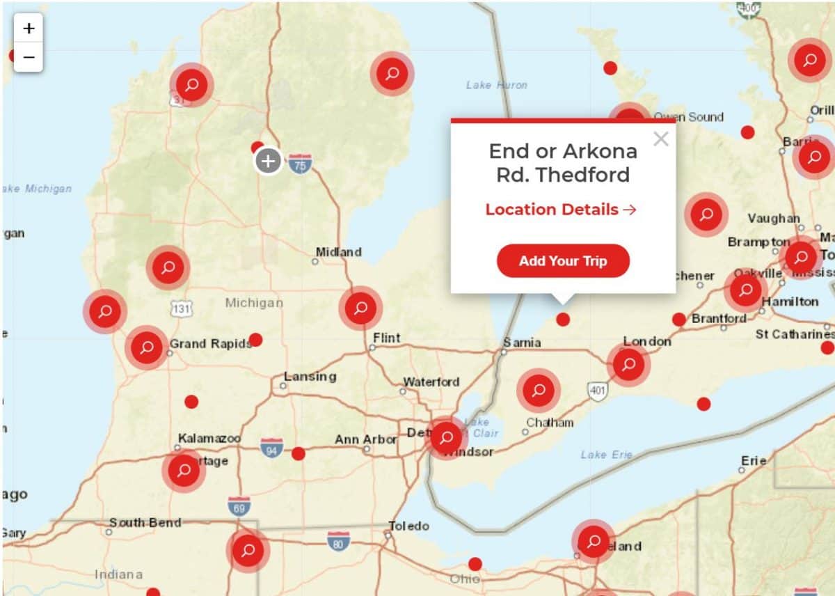 Screen grab of adding a new trip to map