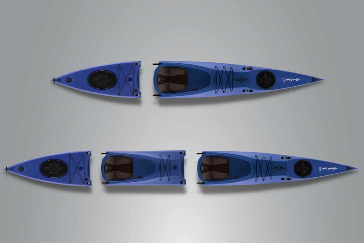 Modular kayak broken into kayak pieces for a paddling trip
