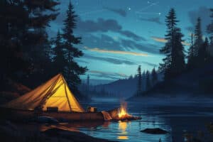 Night time falls on the lake, a kayak laying by the shore