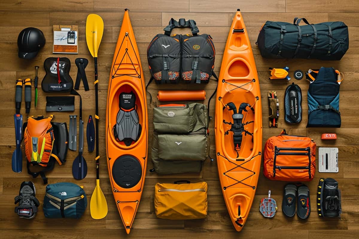 Overhead shot of the kayaking essentials gear
