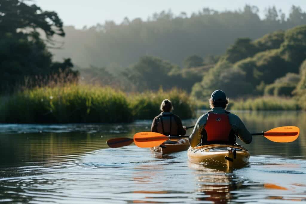 Pair of kayakers paddling brightly colored kayaks on a river
