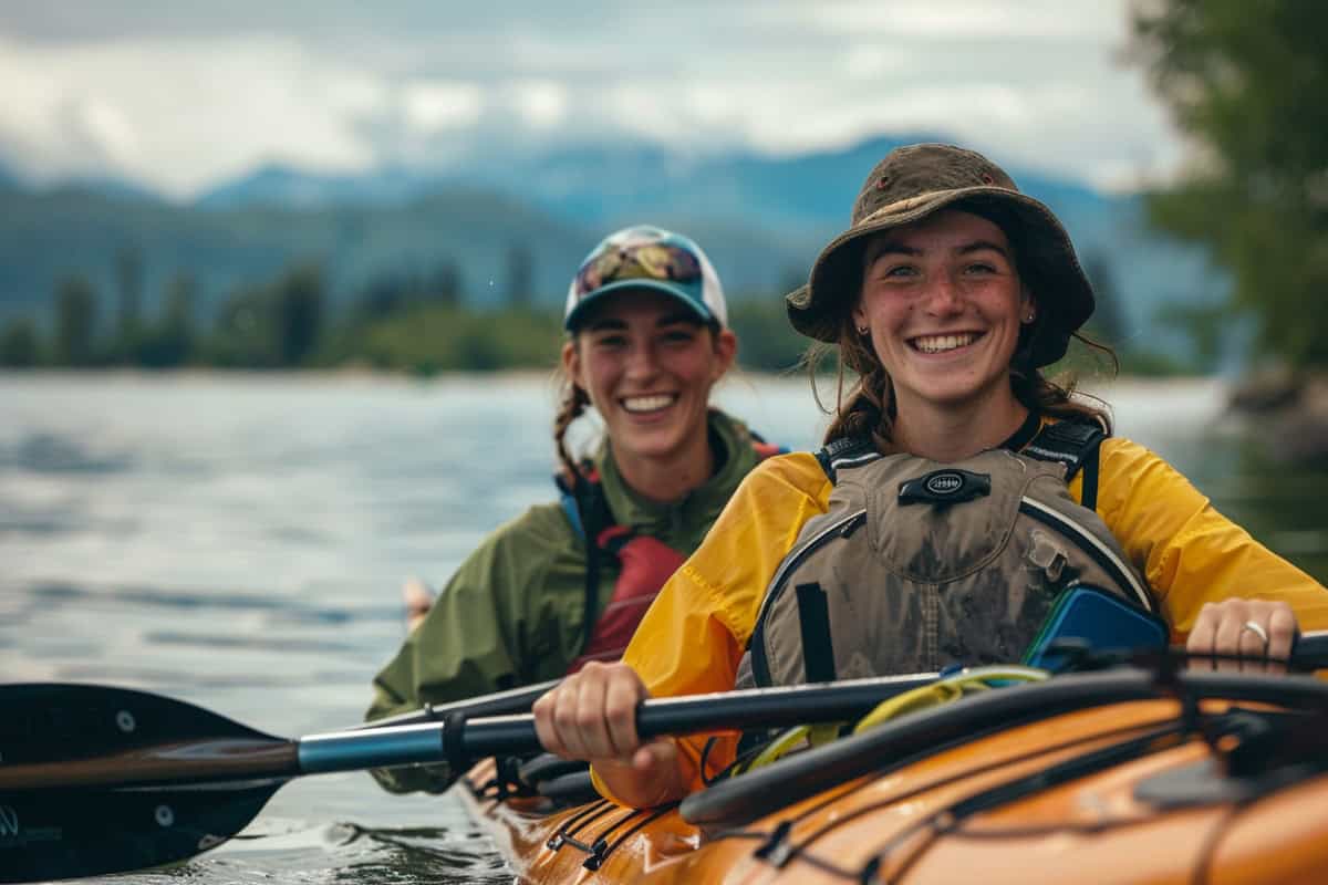 Portrait of two tandem kayakers, taken from a slightly elevated angle.