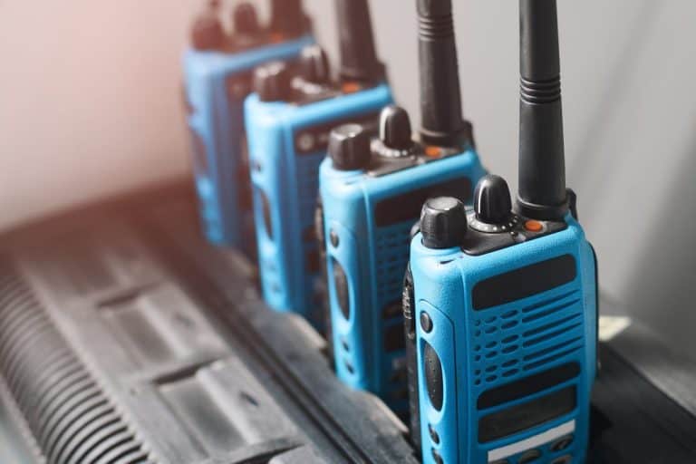 A set of blue walkie-talkies stand in a row
