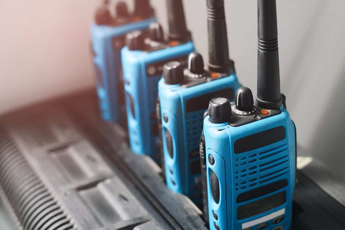 A set of blue walkie-talkies stand in a row