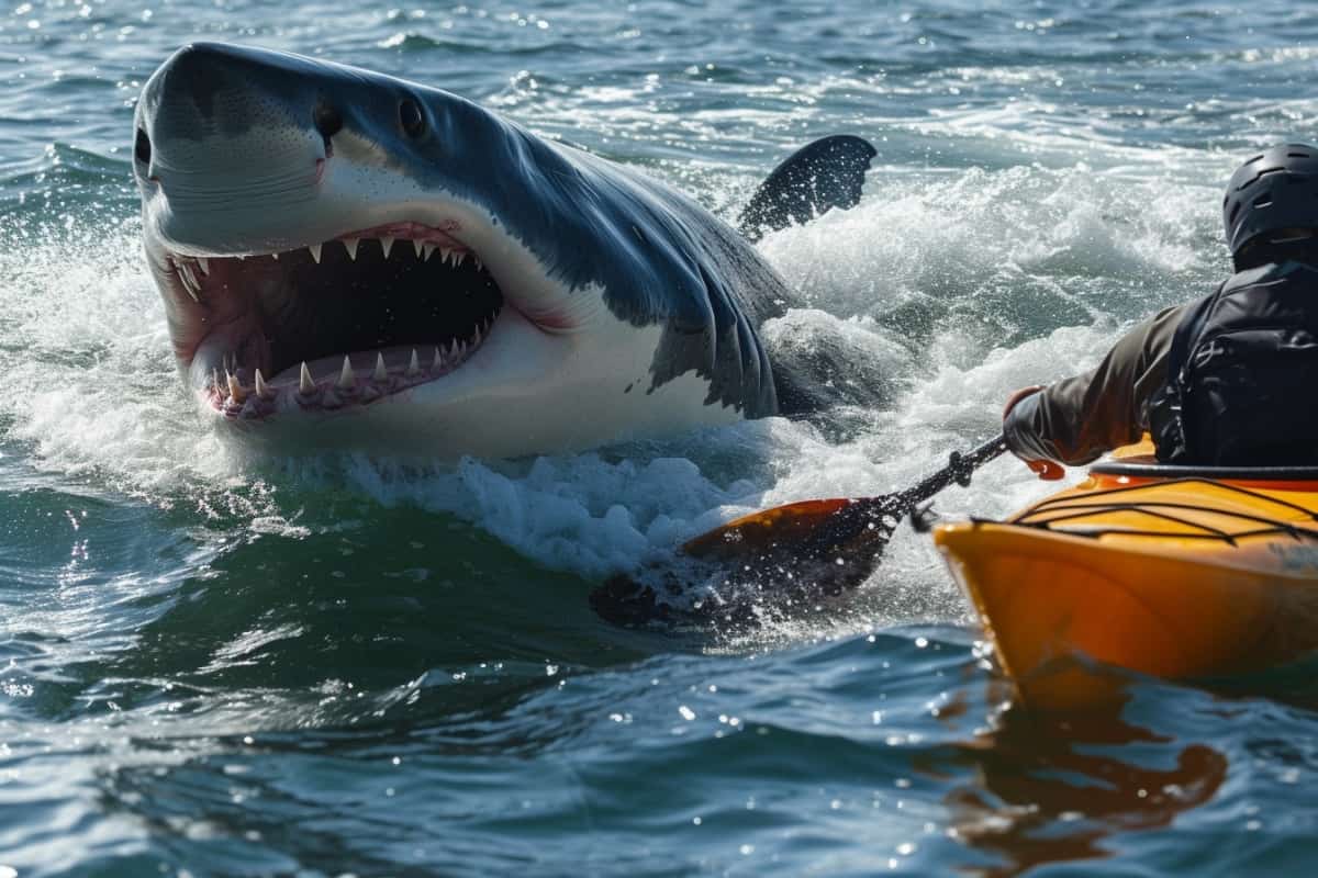 Shark with mouth open ready to bite attack bright kayak