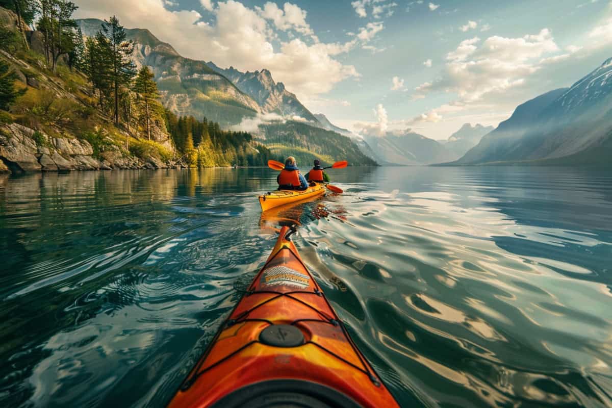 Tandem kayakers paddling in unison on a crystal-clear mountain lake, surrounded by snow-capped peaks and evergreen forests.