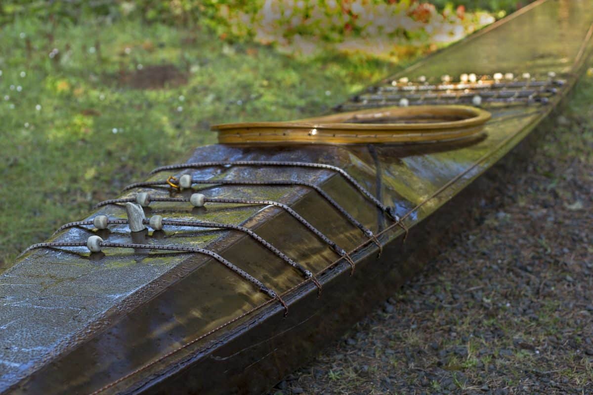 Traditional skin on frame west greenland kayak closeup