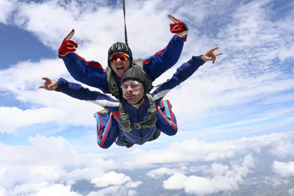 Two men Skydiving throwing hand gestures