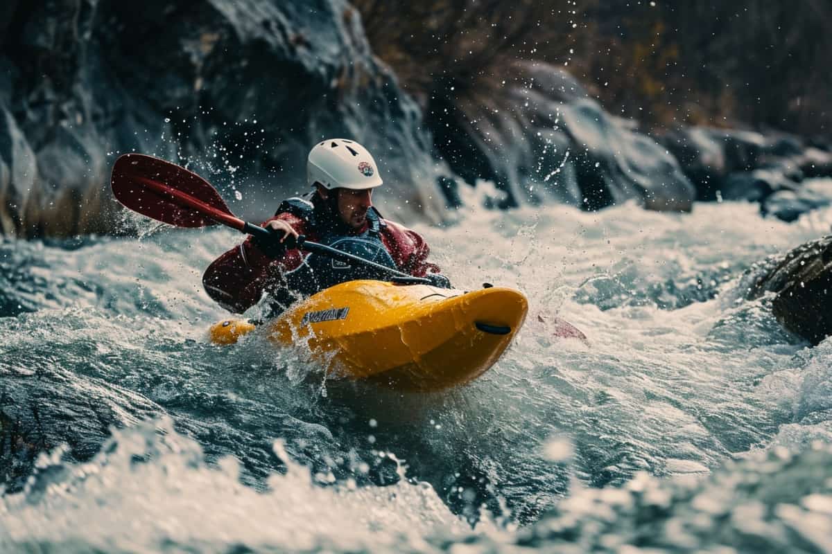 White water kayaker tackling the rapid his bright yellow play boat