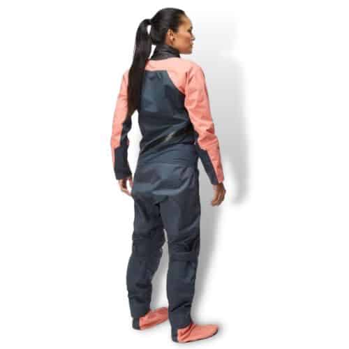 Woman in semi-dry kayak dry suit showing rear entry zip